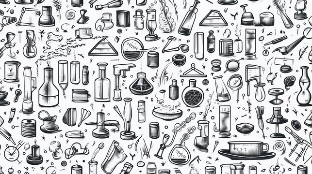 Vector pattern featuring hand-drawn sketch elements of scientific and educational tools. Abstract background illustrating physics, medicine, and chemistry with decorative lab equipment and instruments