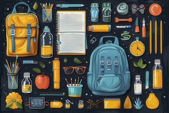 School Supplies Flat Lay with Backpacks, Notebooks, Pencils, and Water Bottles on a Dark Background, Ready for Back to School