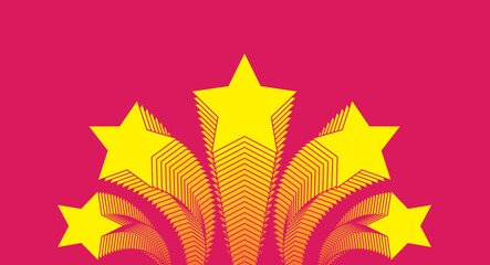 Five yellow vector stars on pink red background. Stars abstract illustration.