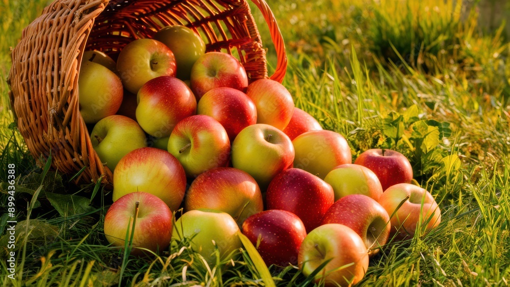 Poster A basket full of apples sitting on top of a pile of grass, AI