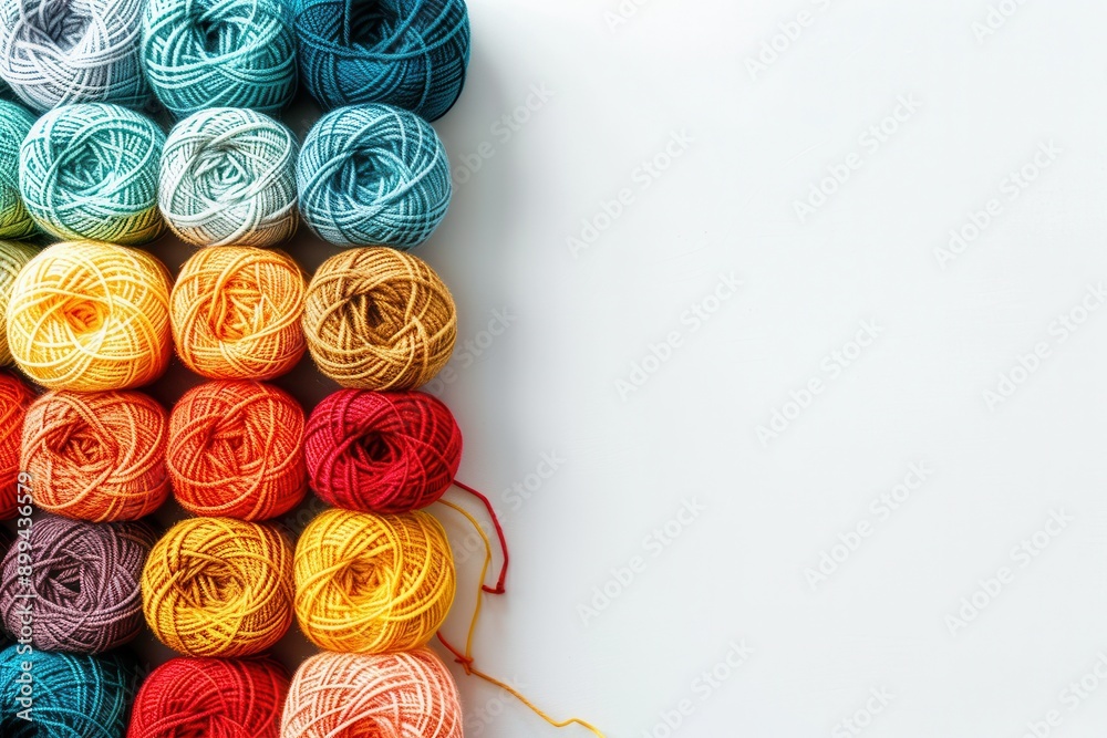 Fototapete A vibrant arrangement of colorful yarn rolls displayed in a grid pattern with ample space for adding creative text or design elements. Generative AI