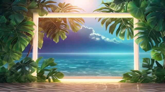 Animated background of a summer frame with free space for text, palm leaves decorate beautiful nature against the background of the sea, turquoise seasonal colorful landscape layout
