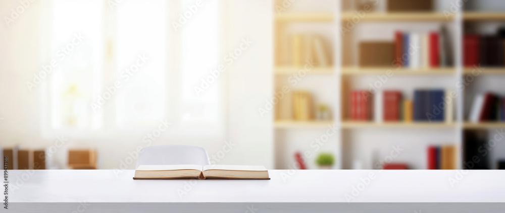 Poster open book on a white desk with a blurred home office background with a bookcase full of books