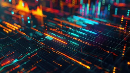Abstract digital interface with vibrant investment charts and graphs