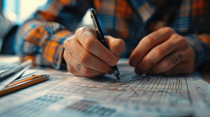 Close-up of hands drawing on a printed investment chart, analyzing trends