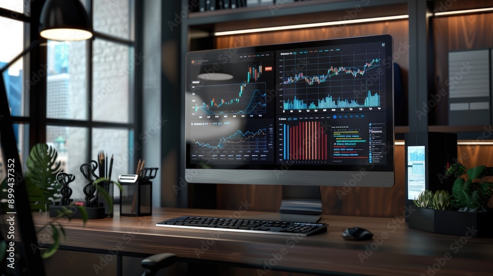 Poster digital display of investment charts and graphs on a modern workspace