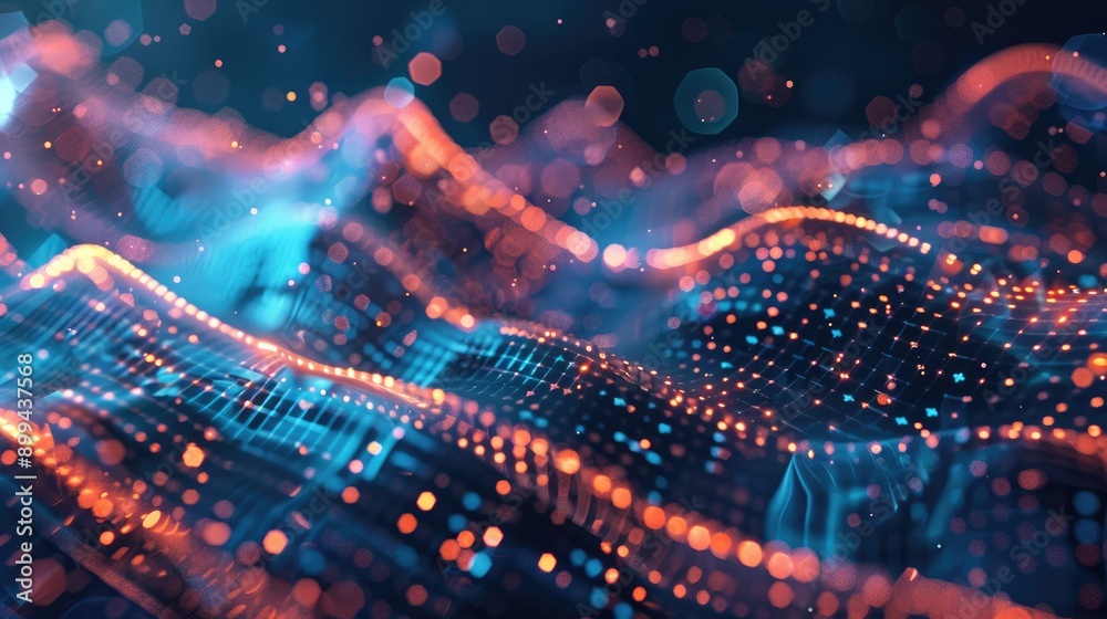 Poster dynamic 3d financial data streams with glowing highlights, representing data flow in finance