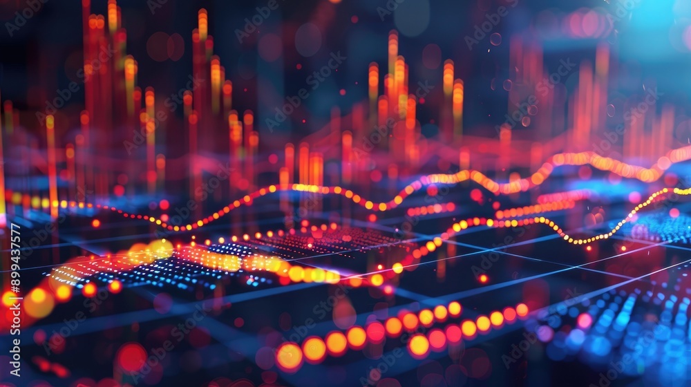 Poster dynamic 3d financial data streams with glowing highlights, representing data flow in finance