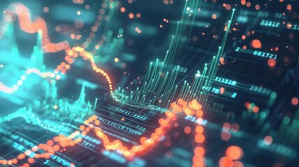 Dynamic 3D financial data streams with glowing highlights, representing data flow in finance