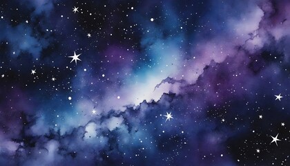 Fototapeta premium An abstract galaxy watercolor texture with deep purples, blues, and blacks, speckled with white stars, creating a cosmic, otherworldly effect. Multiple variations available