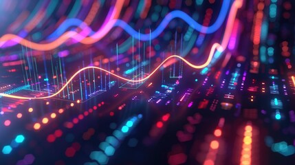 Dynamic 3D financial data streams with glowing highlights, representing data flow in finance