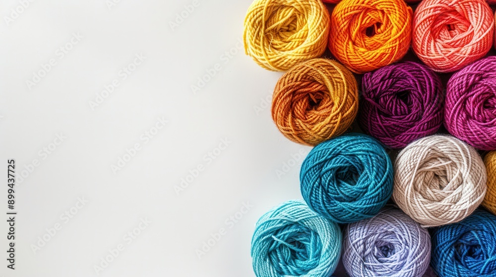 Leinwandbilder A vibrant collection of yarn rolls is neatly arranged in a grid pattern on a white background, offering ample space for creative text placement. Generative AI