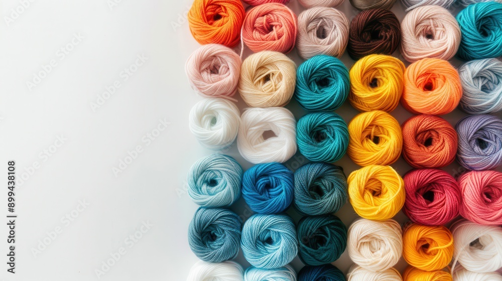 Aufkleber A grid of colorful yarn rolls sits on a white background, offering a visually appealing layout perfect for creative projects and text placement. Generative AI