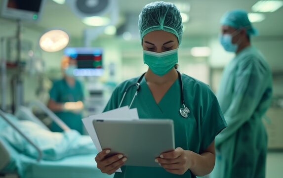 A female surgeon wearing surgical attire and a mask, using a tablet in a high-tech operating room, demonstrating modern medical practices.