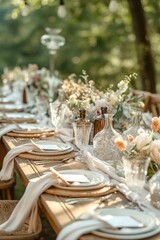 A beautifully arranged outdoor garden party table with elegant tableware and flower arrangements, perfect for a summer celebration.