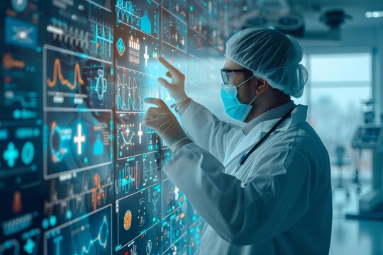 Medical professional in lab coat and mask using futuristic touch screen interface for data analysis in modern laboratory setting.