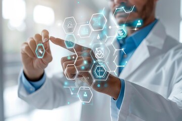 Scientist interacting with futuristic digital interface, showcasing advanced technology in a laboratory setting with hexagonal icons.