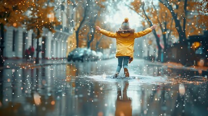 A joyful girl jumping in a puddle on a rainy day.