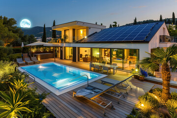 Obraz premium Modern house with solar panels and swimming pool in backyard under full moon