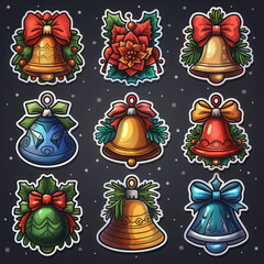 Colorful Christmas Bells with Festive Decorations on a Dark Background, Perfect for Holiday and Seasonal Celebrations