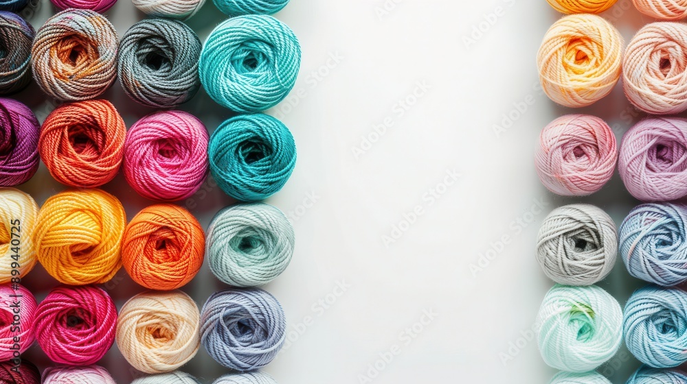 Poster brightly colored yarn rolls are organized in a grid, providing a creative backdrop with ample space 