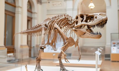 Tyrannosaurus bones on display in an uninhabited museum , Generative AI