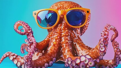 Quirky octopus sporting orange sunglasses, set against a vibrant colorful background. Playful and colorful image blends marine life with a touch of modern style, creating a fun visual treat