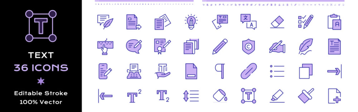 36 Writing Text line icons - editable stroke color containing Export, Notification,  Checklist, Clipboard, Typing, Copy,  Certificate, Pencil, Shield, Notary, text, Paragraph, Link, points.