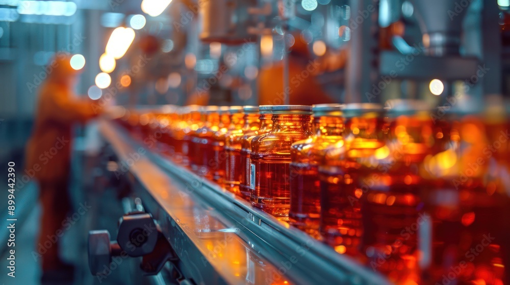 Poster close up of amber glass bottles moving along a conveyor belt in a factory setting