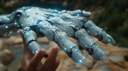 Futuristic Robotic Hand with Glowing Blue Lights in a Natural Outdoor Setting, Symbolizing Advanced Technology and Human-Machine Interaction