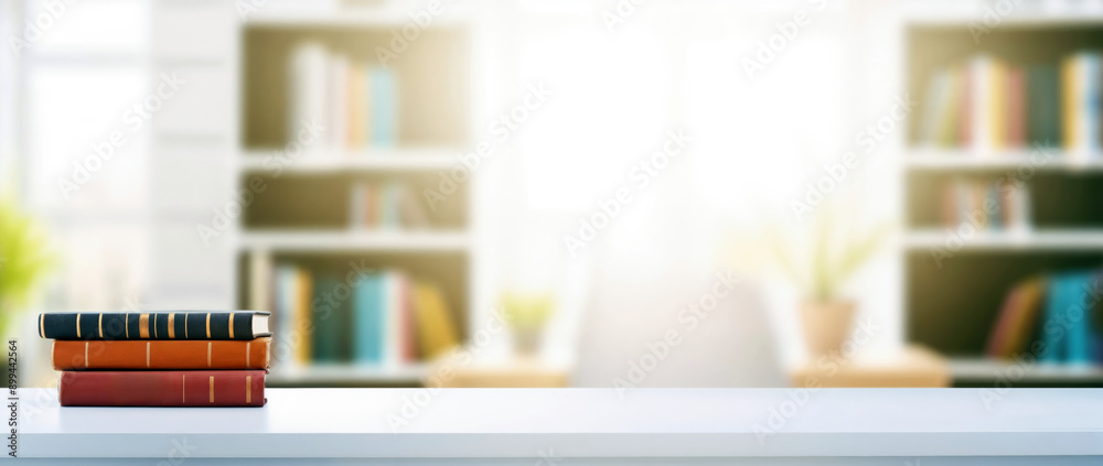 Poster Stack of books on a white desk table with a blurred home office library in the background