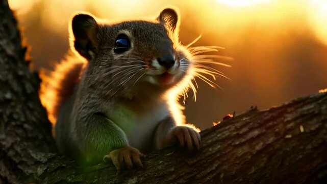 squirrel silhouette in autumn forest. red Squirrel, Sciurus vulgaris, running and jumping amongst the branches of a birch tree during fall season beautiful sunset