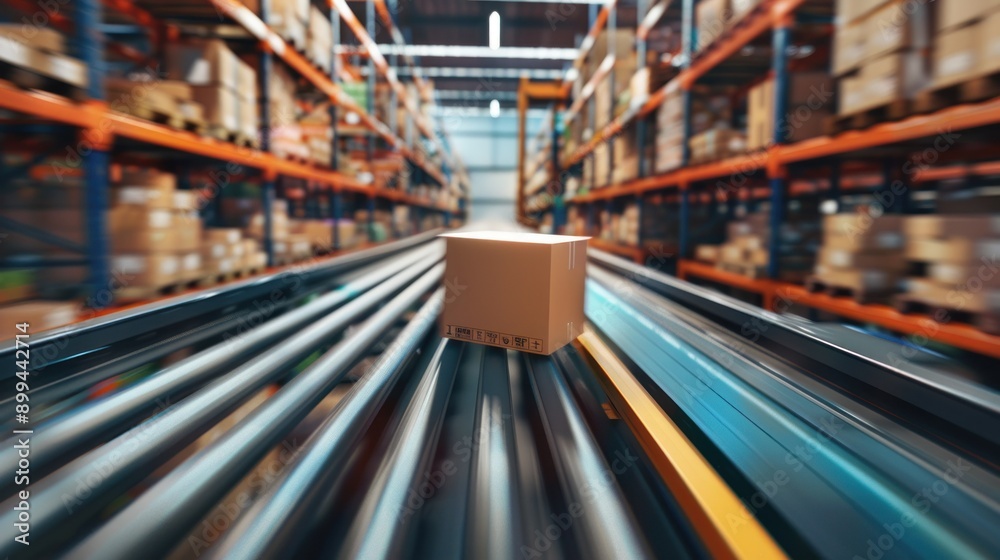 Poster a closeup of a cardboard box moving on a conveyor belt in a busy warehouse