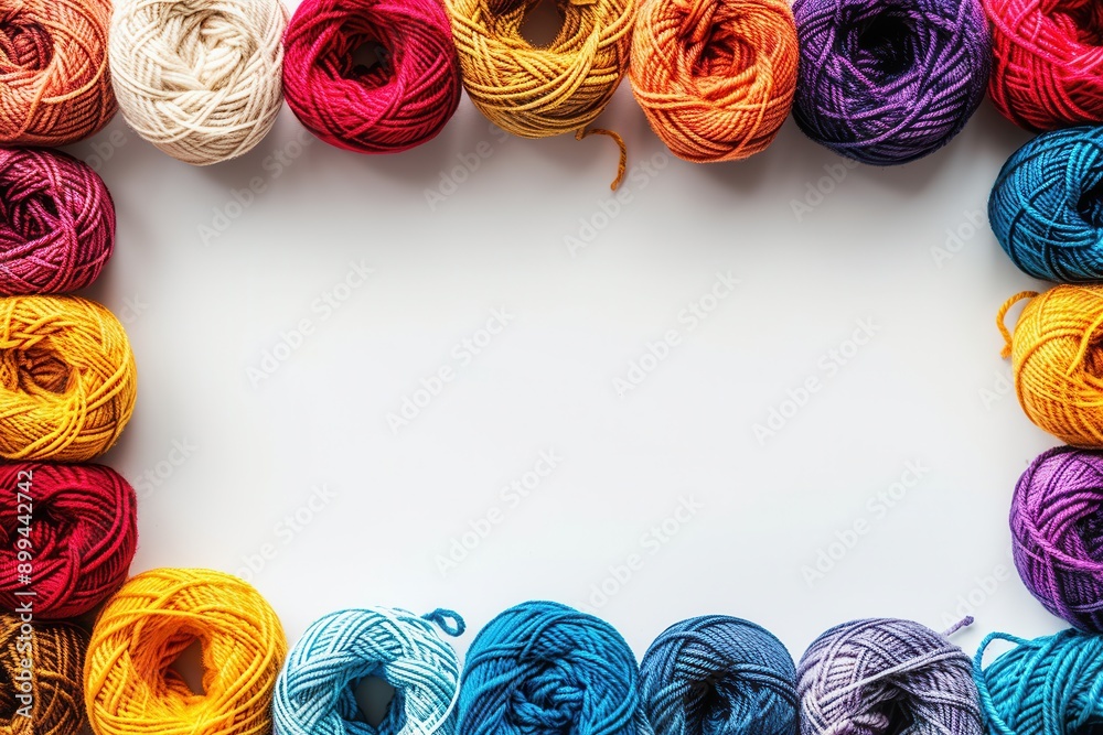 Fototapete Vibrant yarn rolls are neatly arranged in a grid format, surrounded by ample white space ideal for adding creative text or designs. Generative AI