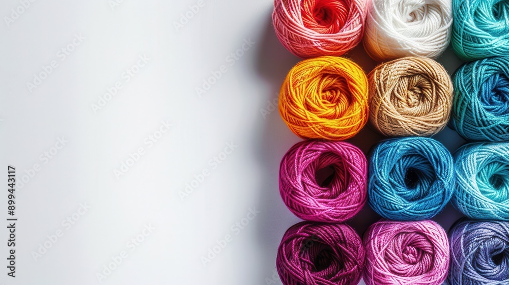 Poster Colorful yarn rolls are neatly arranged in a grid on a white background, offering space for creative text or graphics to enhance any design project. Generative AI