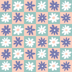 Trendy seamless patterns with geometric shaped flowers and checkerboard. Modern retro illustration for decoration. Aesthetic vector print in style 60s, 70s.