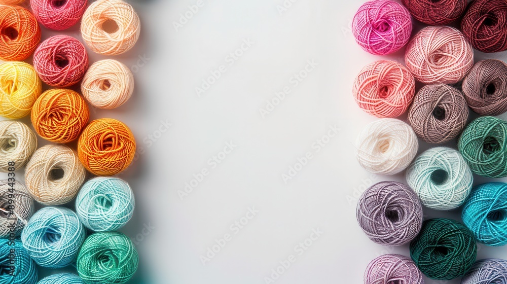 Poster a vibrant grid of yarn rolls showcases various colors against a white background, creating space for