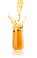 Flow of apple yellow cold juice pouring in glass with bright juicy splashes, drops flying, swirl isolated on white background. Summer gold pear cocktail for advertising, design, flyer, card, poster.