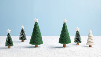 Magical Winter Wonderland Holiday Scene with Miniature Christmas Trees and Snowy Background (Illustration)