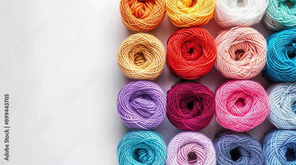 Poster vibrant yarn rolls are neatly arranged in a grid on a white background, offering a perfect palette f