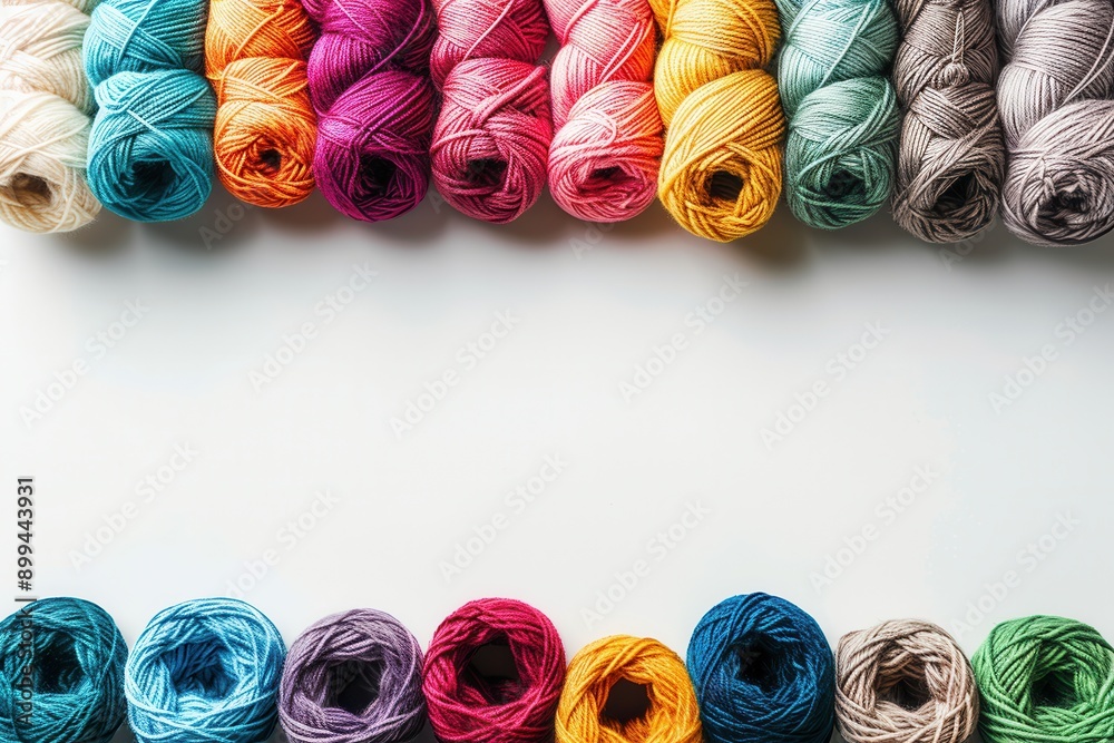 Poster brightly colored yarn rolls are neatly arranged in a grid, providing ample negative space for creati