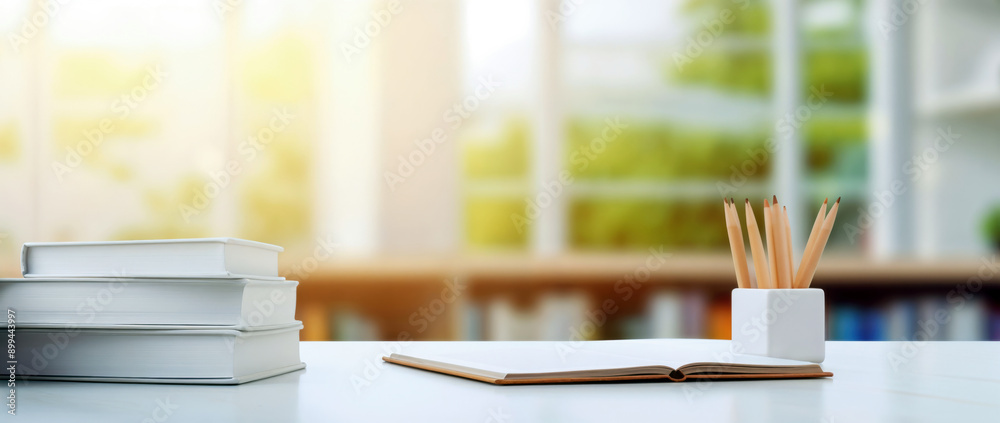 Poster open book on white desk with pencils and stuck of books in the blurred bookshelf and window backgrou