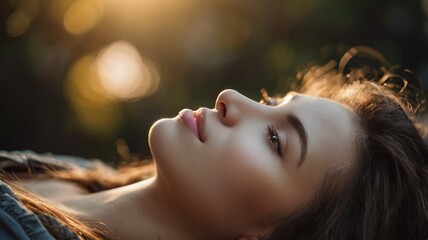 Pretty young lady model with a perfect shape eyebrows, captivating eyes with long eye lashes, small nose and a bit pouty lips lying on the ground sun kissed projecting, posing in front of camera