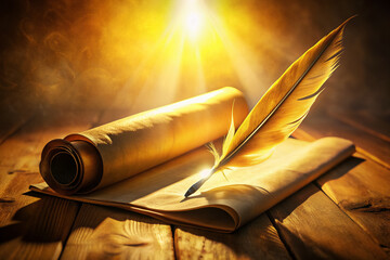 Ancient parchment scroll unfurls, quill pen poised, illuminated by soft golden light, as the Holy Spirit's guidance flows onto the sacred manuscript's yellowed page.