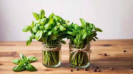 Fototapeta premium Fresh Basil Herbs in Glass Jars on Wooden Table - Perfect for Kitchen Decor and Cooking