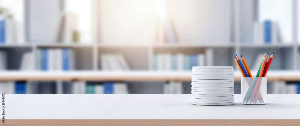 Poster Stack of white memo papers and colored pencils on a white desk with blurred bookshelf background