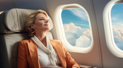 Fototapeta premium photograph of a confident businesswoman relaxing in a window seat on a private jet, enjoying the view of the clouds