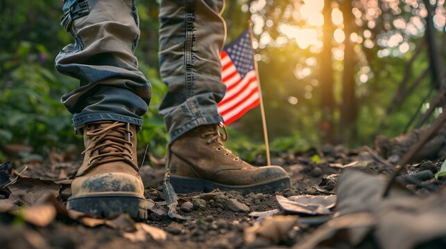Hiker Planting American Flag in Forest at Sunrise