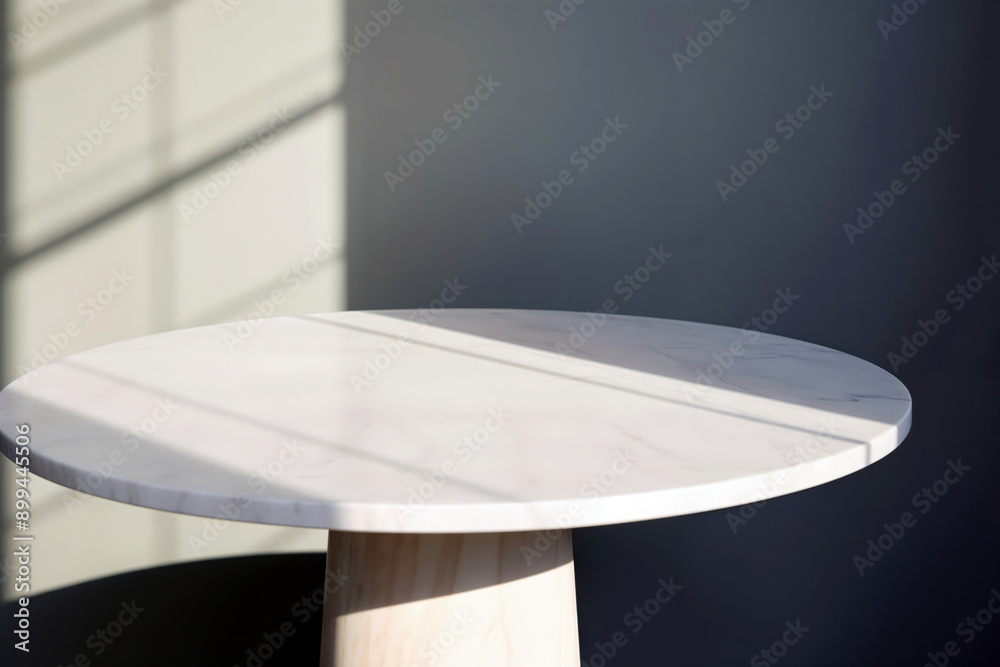 Aufkleber empty white round marble table top with shadow sunlight in modern interior background. perfect for p