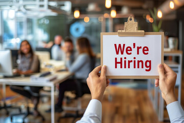 A close-up of a hand holding a we're hiring sign